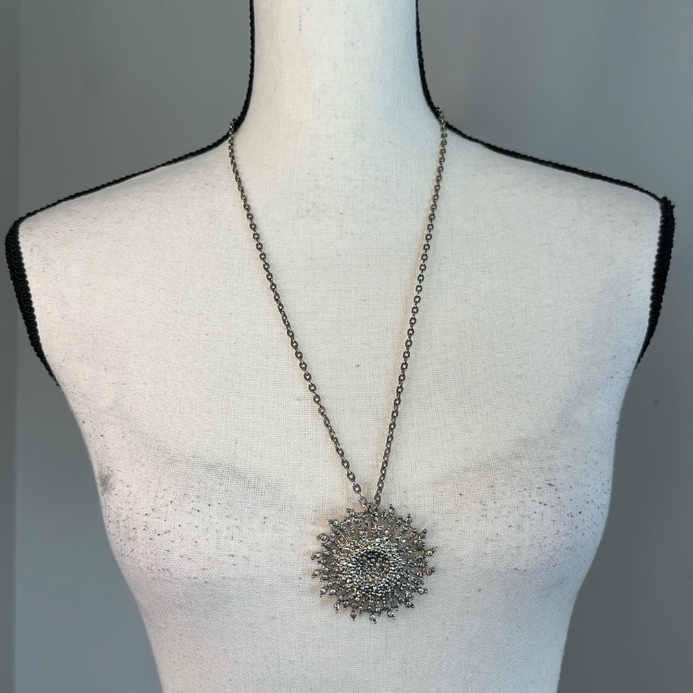 Large Silver Rhinestone Sun Glower Pendant Chain Necklace